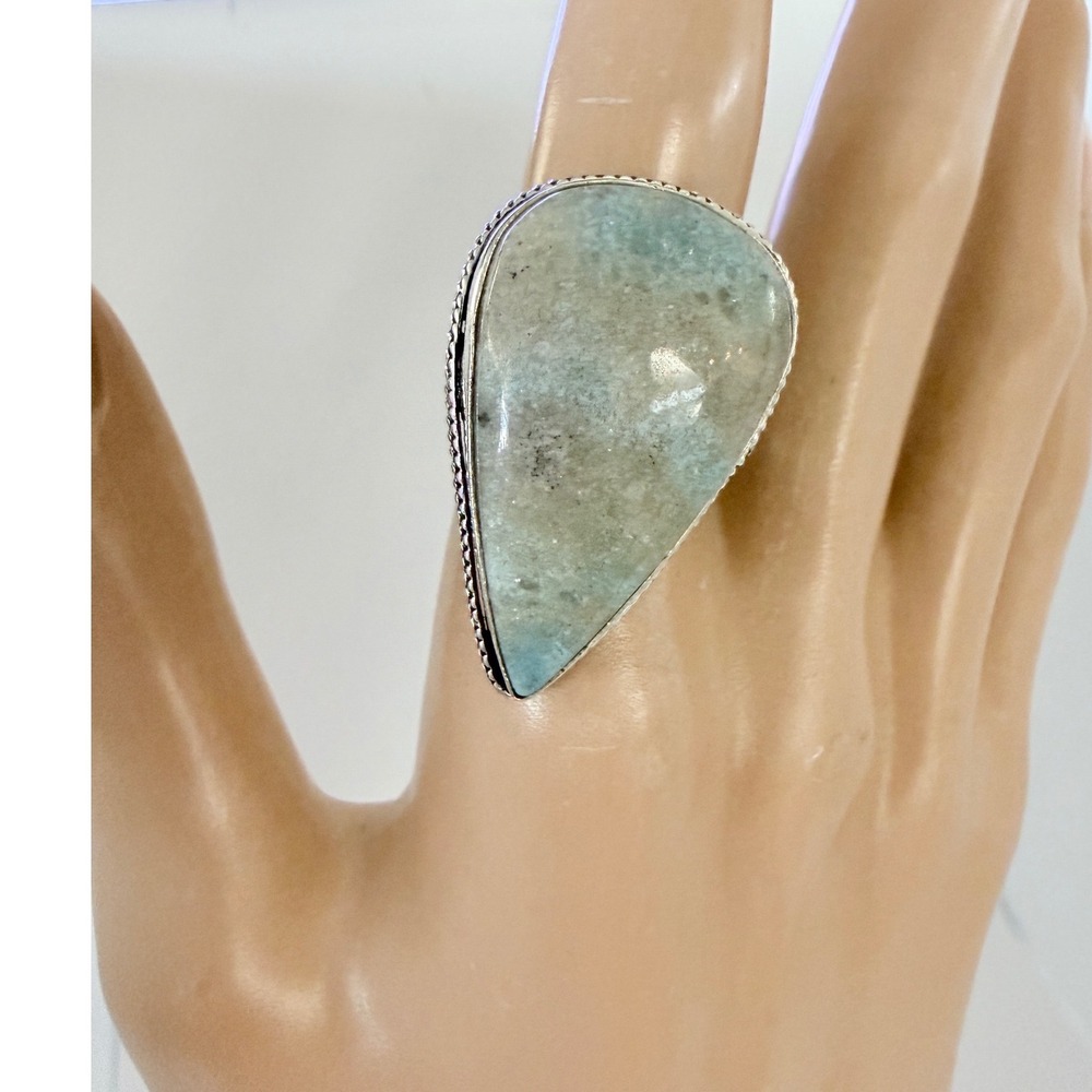 Hand Crafted Amazonite Ring Women Size 7 Silver Plated Teardrop Statement